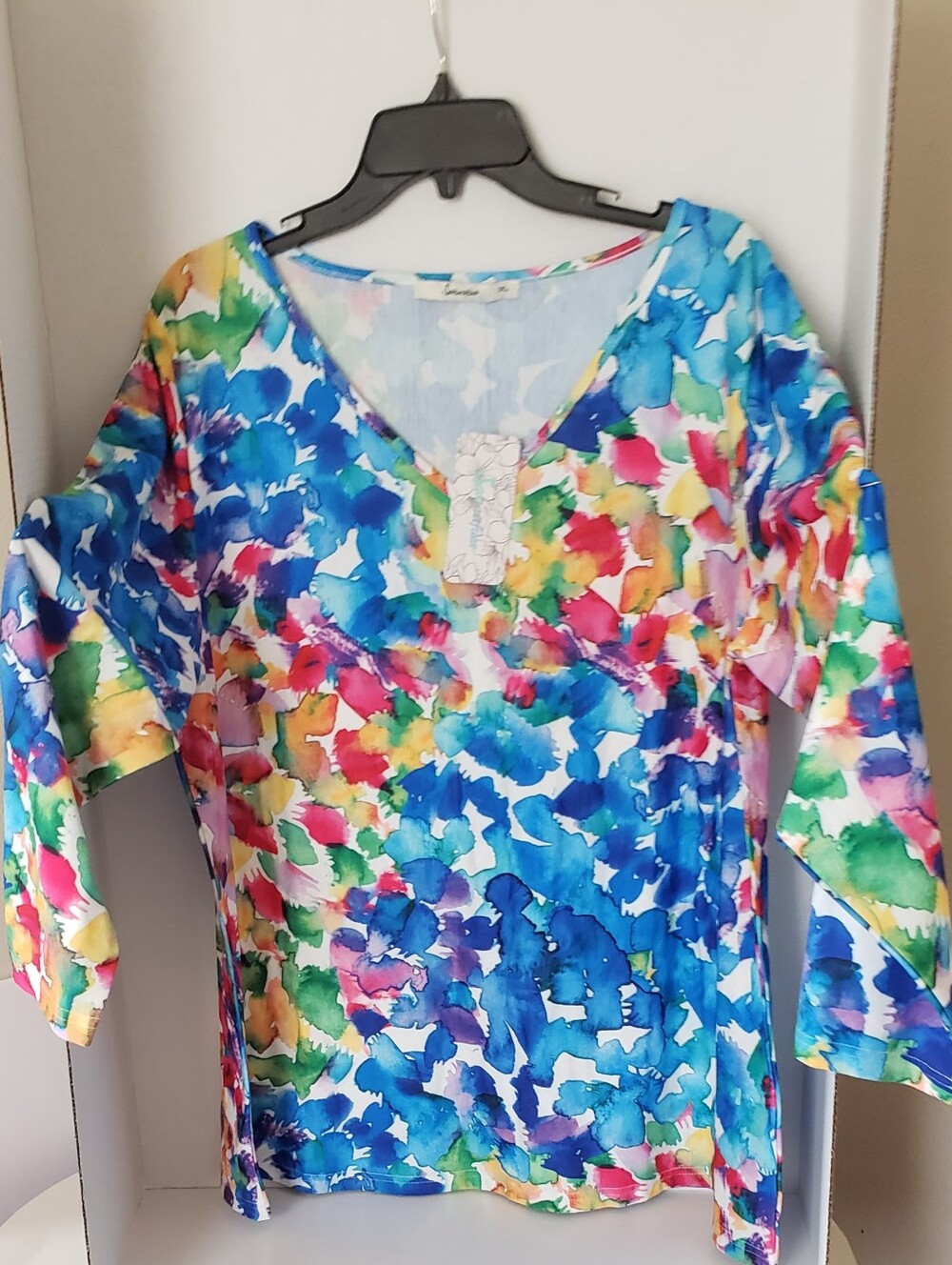1-XL Vibrant Bright Colorful V-Neck Women's Top 3/4 sleeves with a floral print